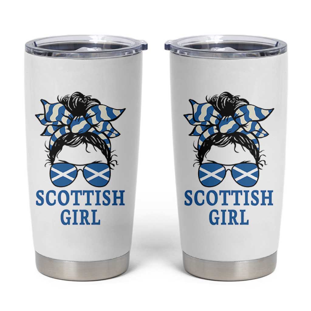 Scottish Girl Messy Bun Hair Saltire Flag Ribbon Bow Tumbler Cup Scotland Pride for Girls Women