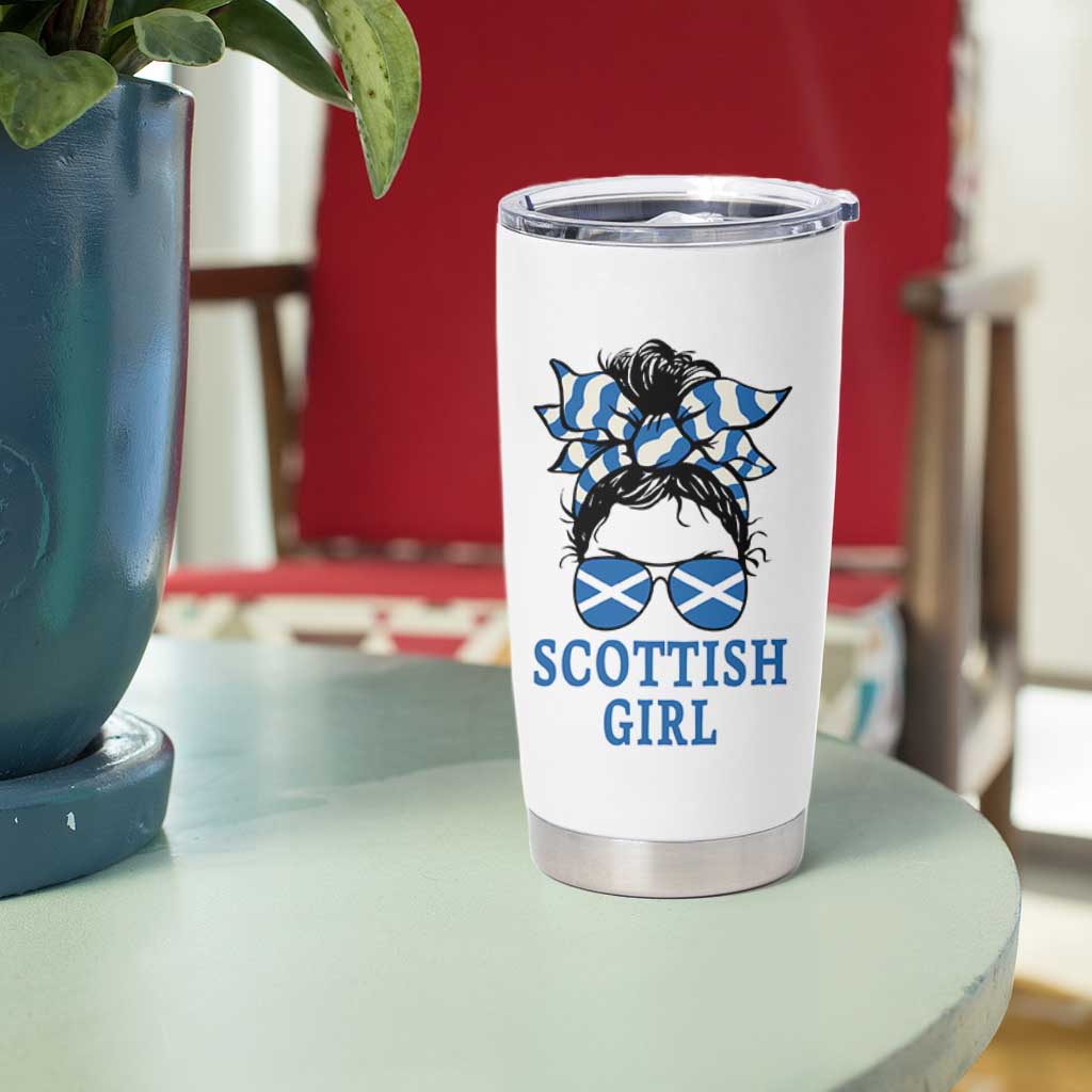 Scottish Girl Messy Bun Hair Saltire Flag Ribbon Bow Tumbler Cup Scotland Pride for Girls Women