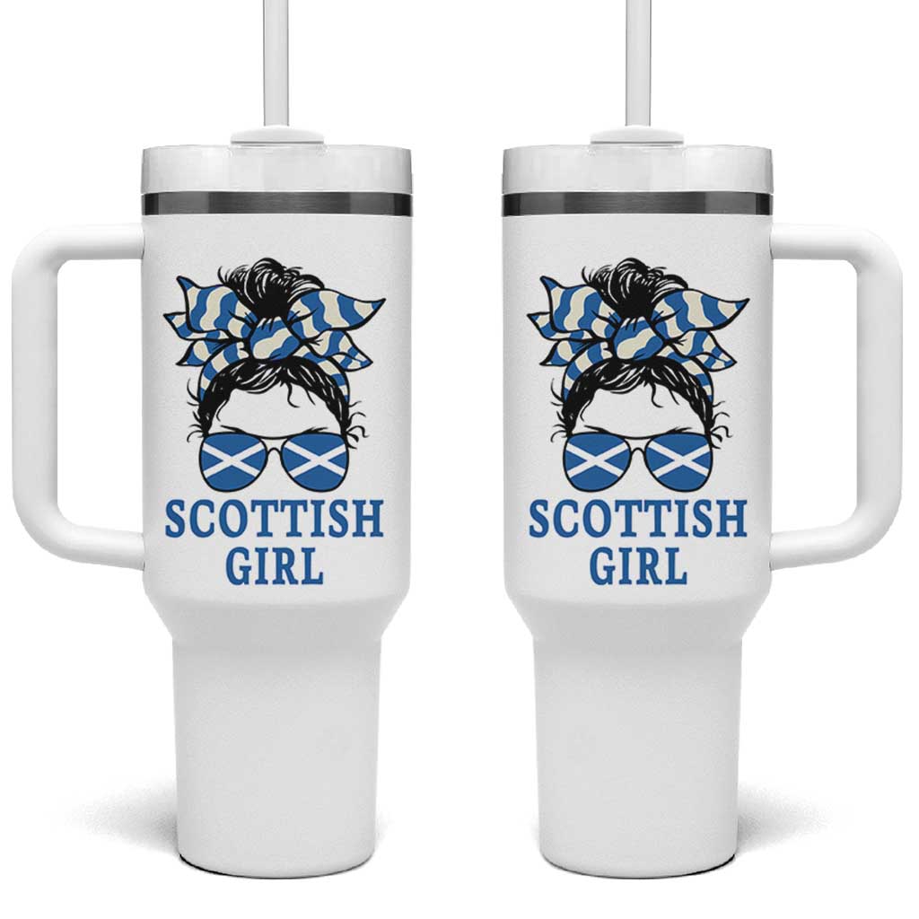 Scottish Girl Messy Bun Hair Saltire Flag Ribbon Bow Tumbler With Handle Scotland Pride for Girls Women