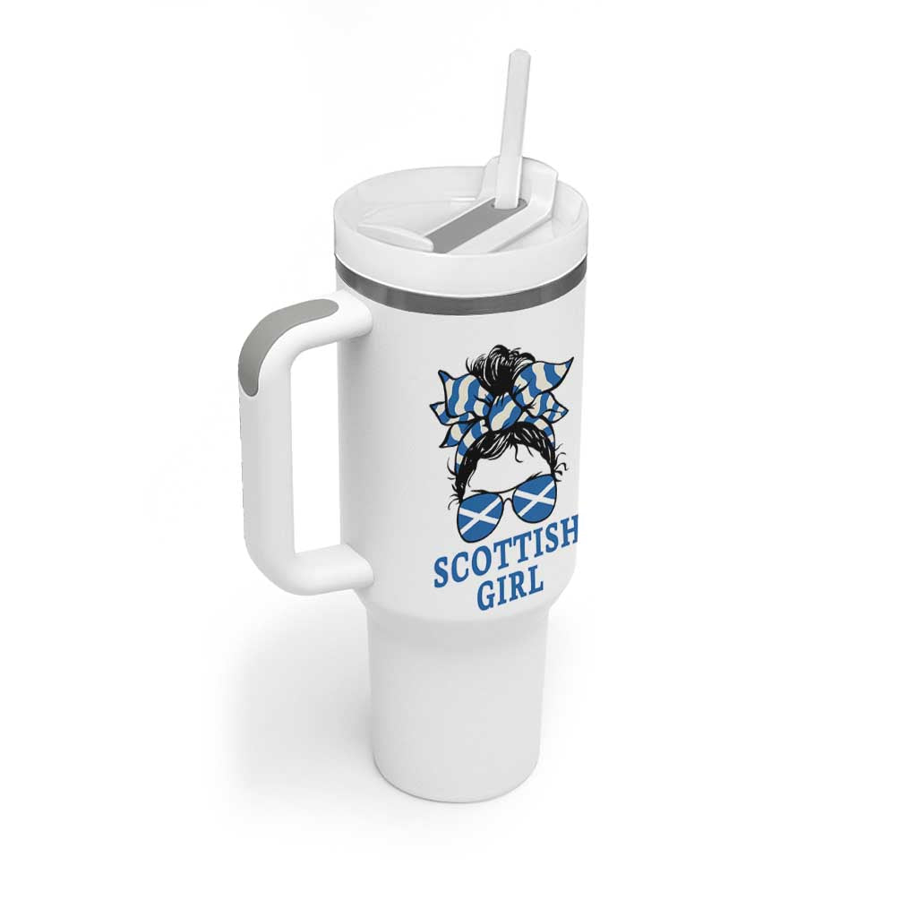 Scottish Girl Messy Bun Hair Saltire Flag Ribbon Bow Tumbler With Handle Scotland Pride for Girls Women