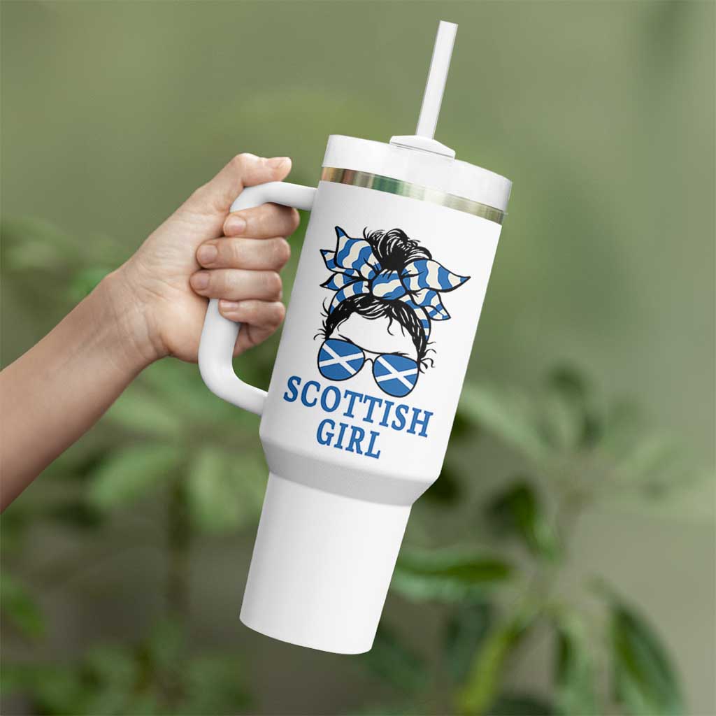 Scottish Girl Messy Bun Hair Saltire Flag Ribbon Bow Tumbler With Handle Scotland Pride for Girls Women