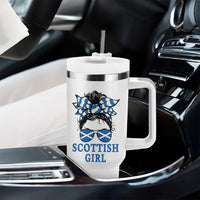 Scottish Girl Messy Bun Hair Saltire Flag Ribbon Bow Tumbler With Handle Scotland Pride for Girls Women