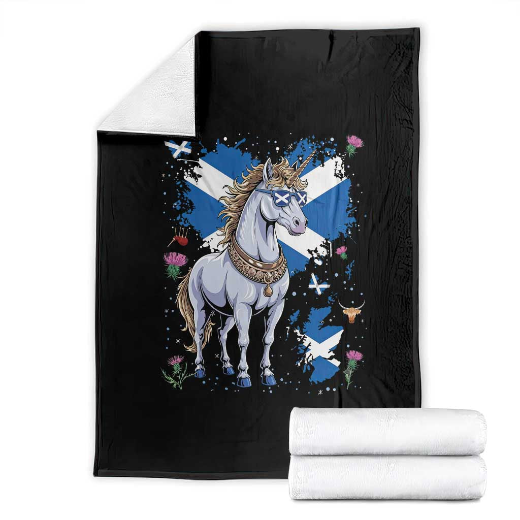 Majestic Scottish Unicorn Wearing Saltire Sunglasses Graphic Throw Blanket Floral Thistles Scottish Heritage Pride