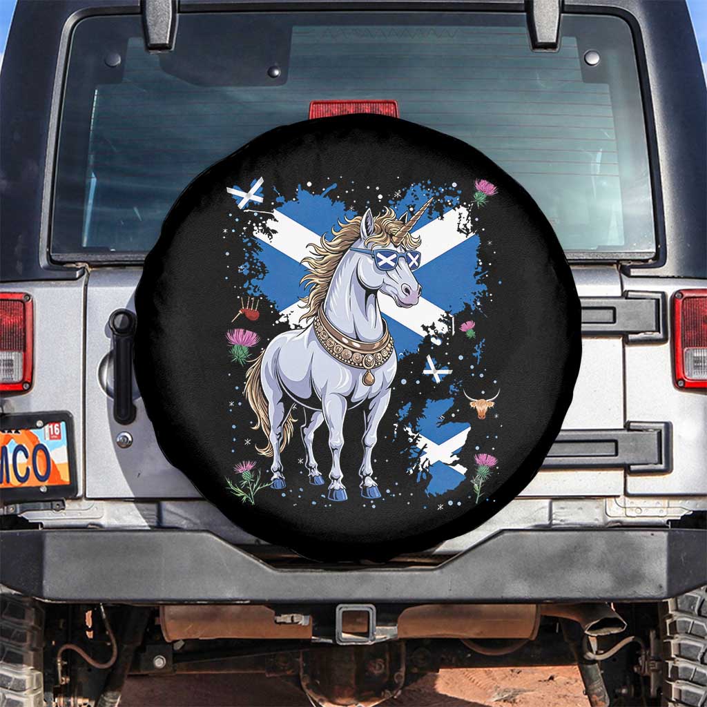 Majestic Scottish Unicorn Wearing Saltire Sunglasses Graphic Spare Tire Cover Floral Thistles Scottish Heritage Pride