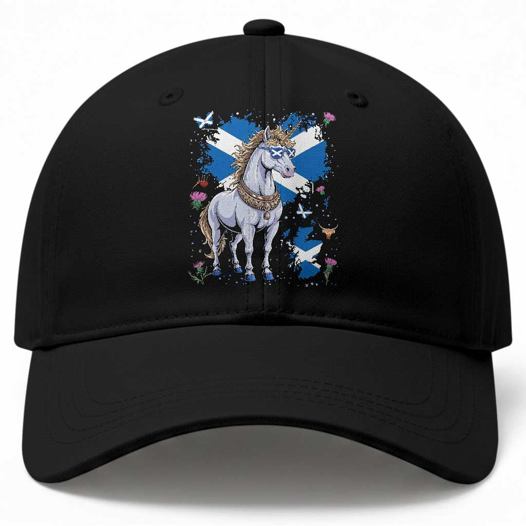 Majestic Scottish Unicorn Wearing Saltire Sunglasses Graphic Baseball Cap Floral Thistles Scottish Heritage Pride