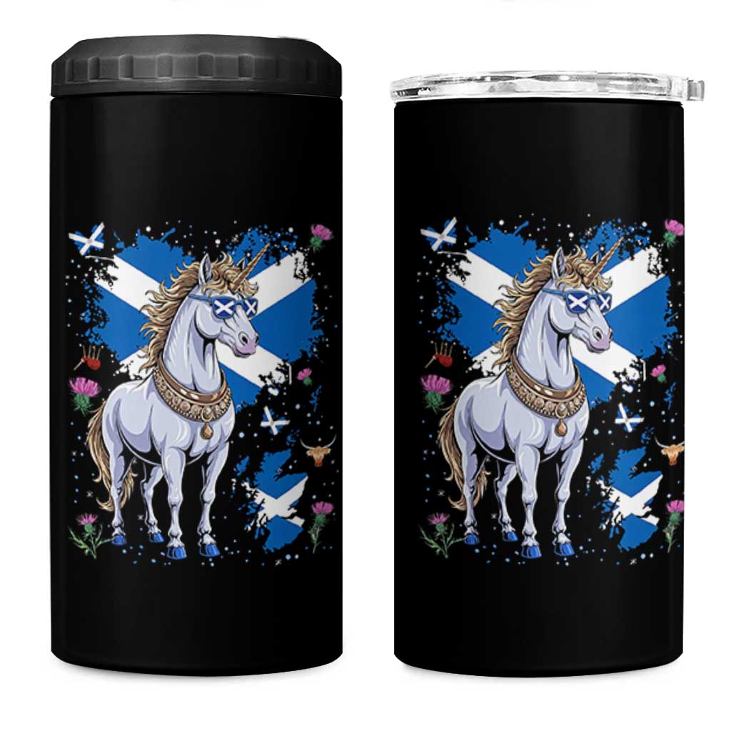 Majestic Scottish Unicorn Wearing Saltire Sunglasses Graphic 4 in 1 Can Cooler Tumbler Floral Thistles Scottish Heritage Pride