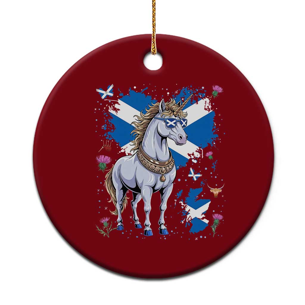 Majestic Scottish Unicorn Wearing Saltire Sunglasses Graphic Ceramic Ornament Floral Thistles Scottish Heritage Pride