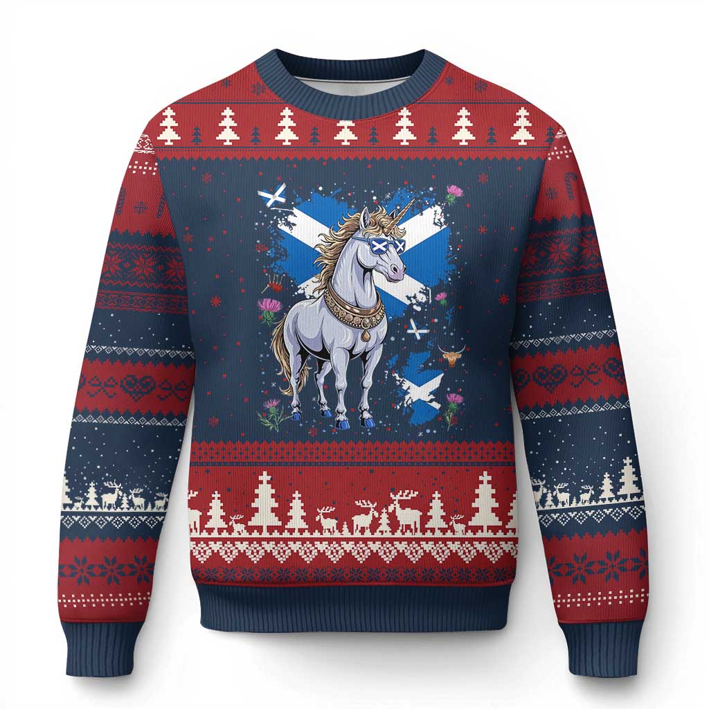 Majestic Scottish Unicorn Wearing Saltire Sunglasses Graphic Ugly Christmas Sweater Floral Thistles Scottish Heritage Pride