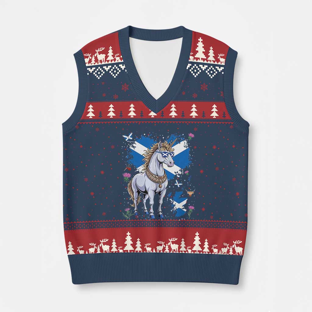Majestic Scottish Unicorn Wearing Saltire Sunglasses Graphic V-Neck Knit Sweater Vest Floral Thistles Scottish Heritage Pride