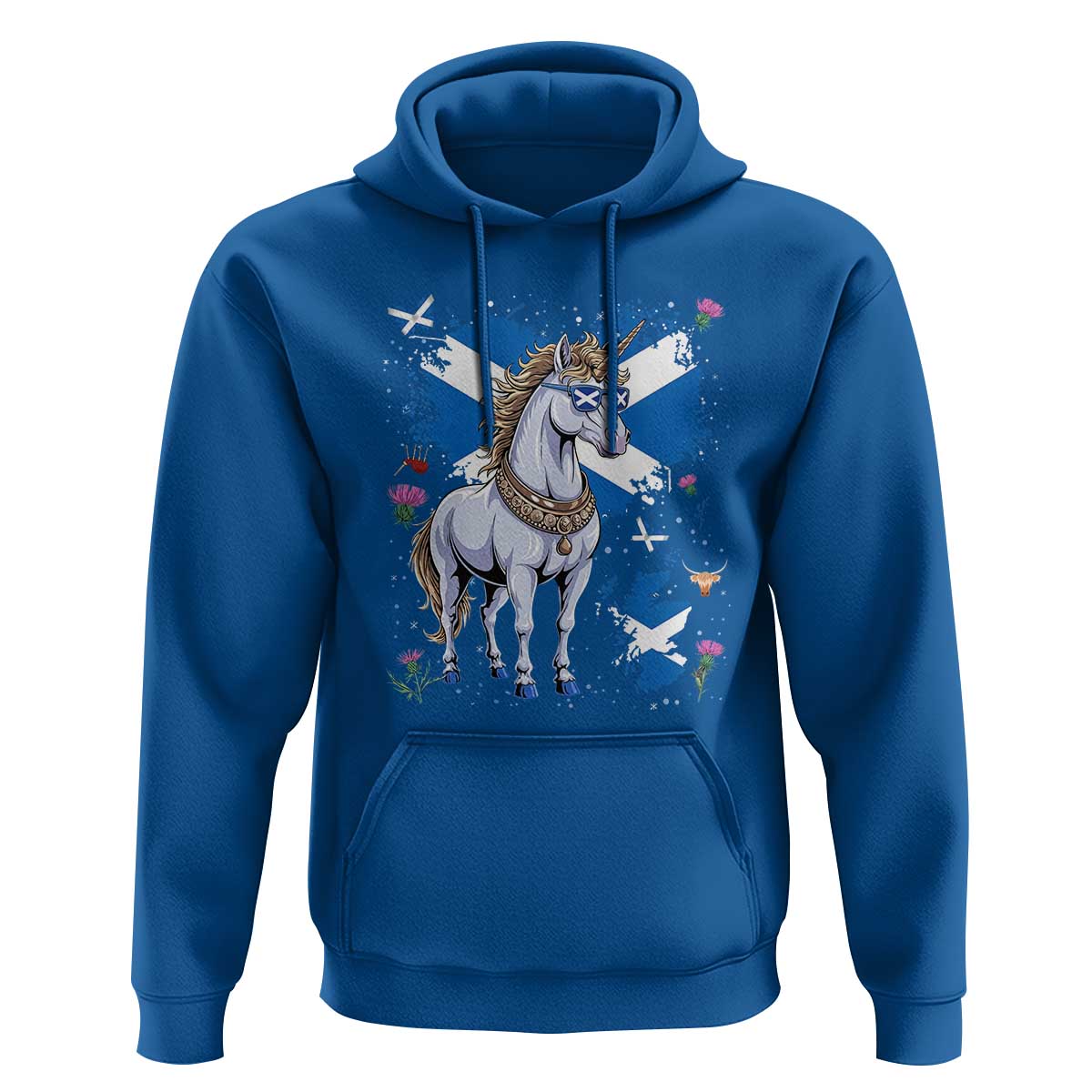 Majestic Scottish Unicorn Wearing Saltire Sunglasses Graphic Hoodie Floral Thistles Scottish Heritage Pride