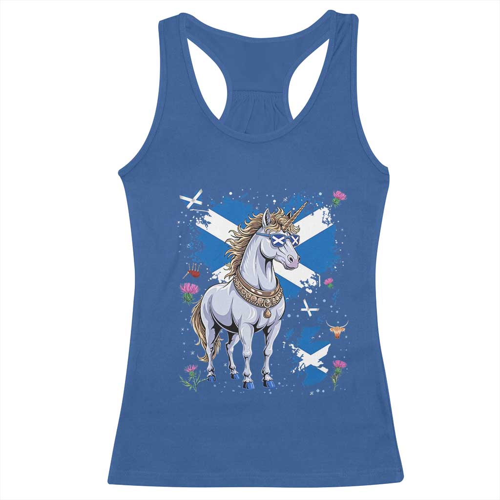 Majestic Scottish Unicorn Wearing Saltire Sunglasses Graphic Racerback Tank Top Floral Thistles Scottish Heritage Pride