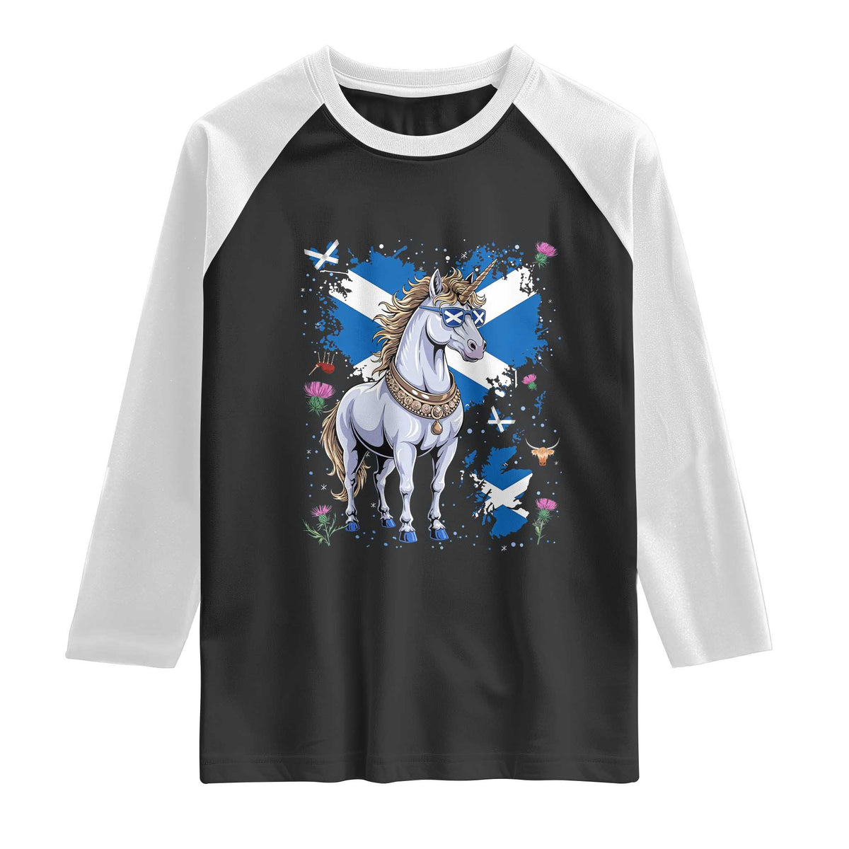 Majestic Scottish Unicorn Wearing Saltire Sunglasses Graphic Raglan Shirt Floral Thistles Scottish Heritage Pride