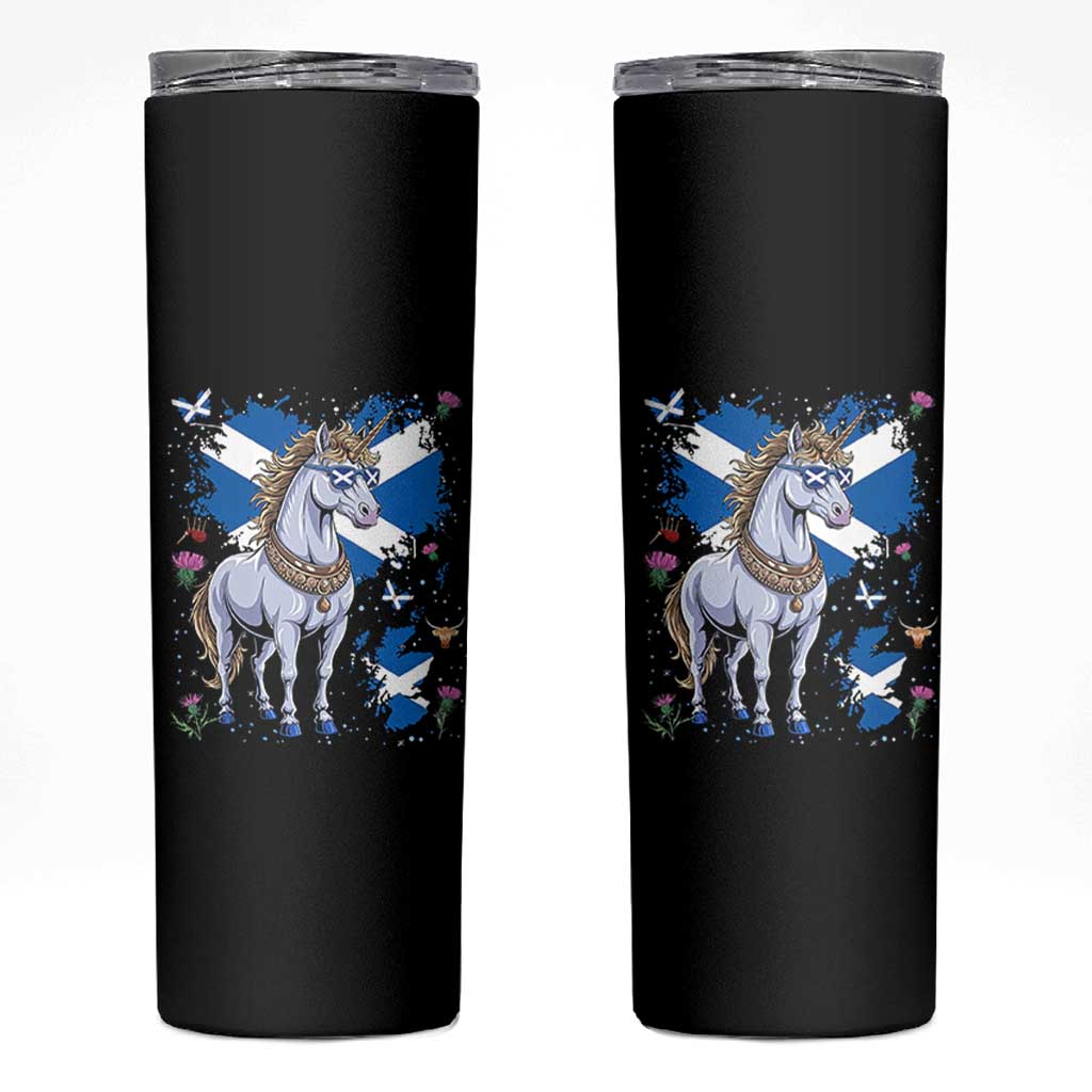 Majestic Scottish Unicorn Wearing Saltire Sunglasses Graphic Skinny Tumbler Floral Thistles Scottish Heritage Pride