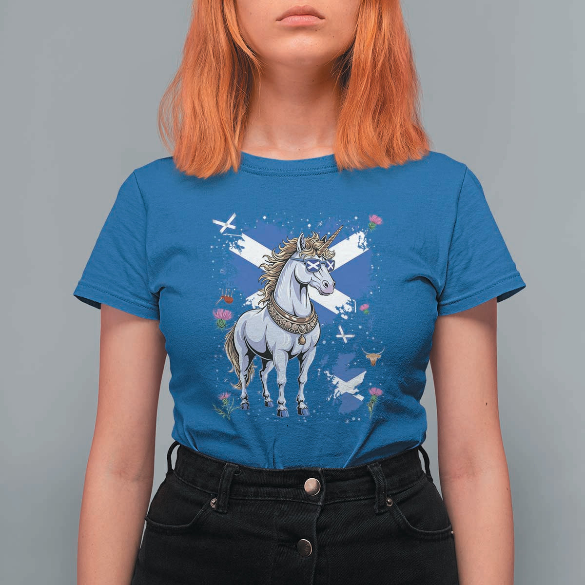 Majestic Scottish Unicorn Wearing Saltire Sunglasses Graphic T Shirt For Women Floral Thistles Scottish Heritage Pride
