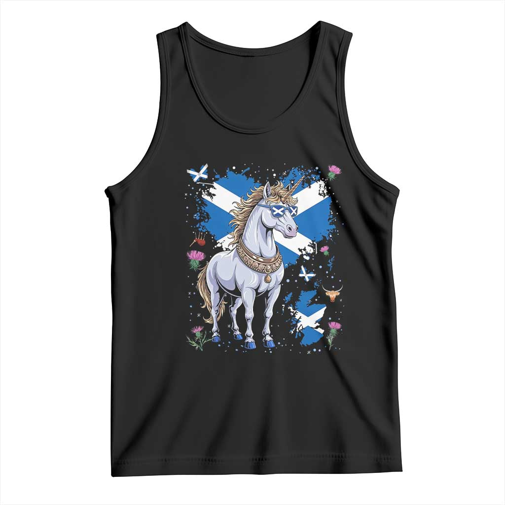 Majestic Scottish Unicorn Wearing Saltire Sunglasses Graphic Tank Top Floral Thistles Scottish Heritage Pride