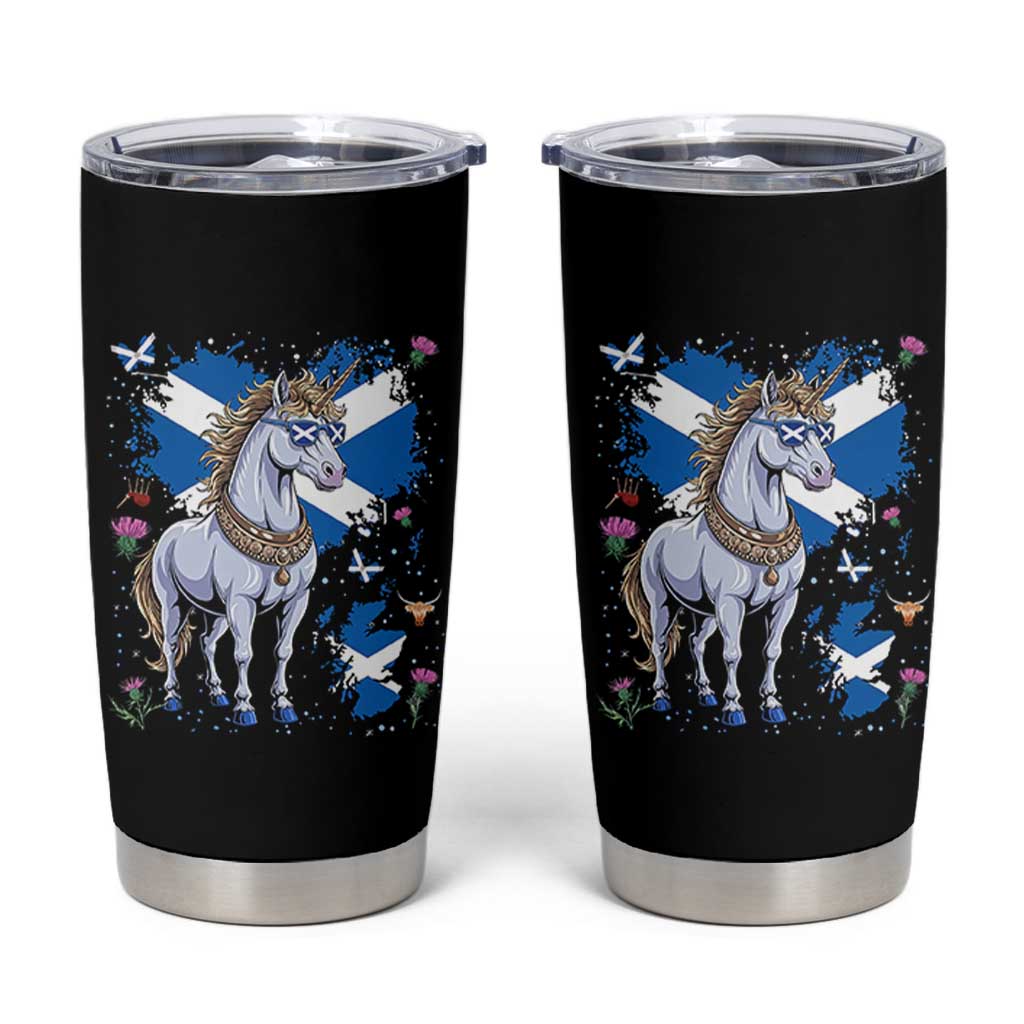 Majestic Scottish Unicorn Wearing Saltire Sunglasses Graphic Tumbler Cup Floral Thistles Scottish Heritage Pride