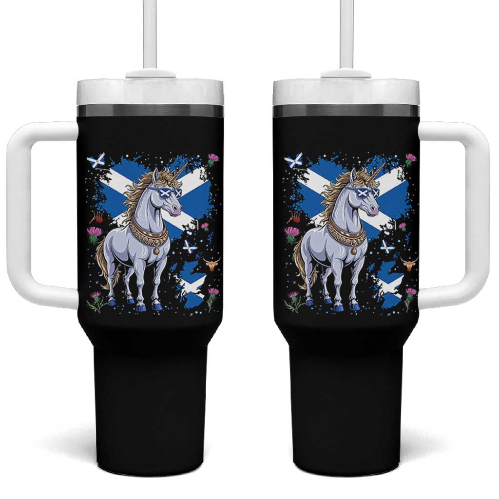 Majestic Scottish Unicorn Wearing Saltire Sunglasses Graphic Tumbler With Handle Floral Thistles Scottish Heritage Pride