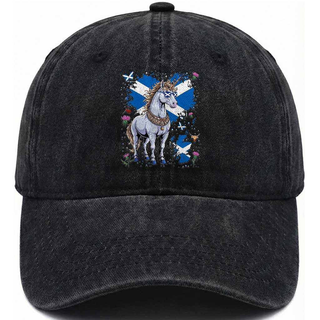Majestic Scottish Unicorn Wearing Saltire Sunglasses Graphic Washed Cotton Baseball Cap Floral Thistles Scottish Heritage Pride