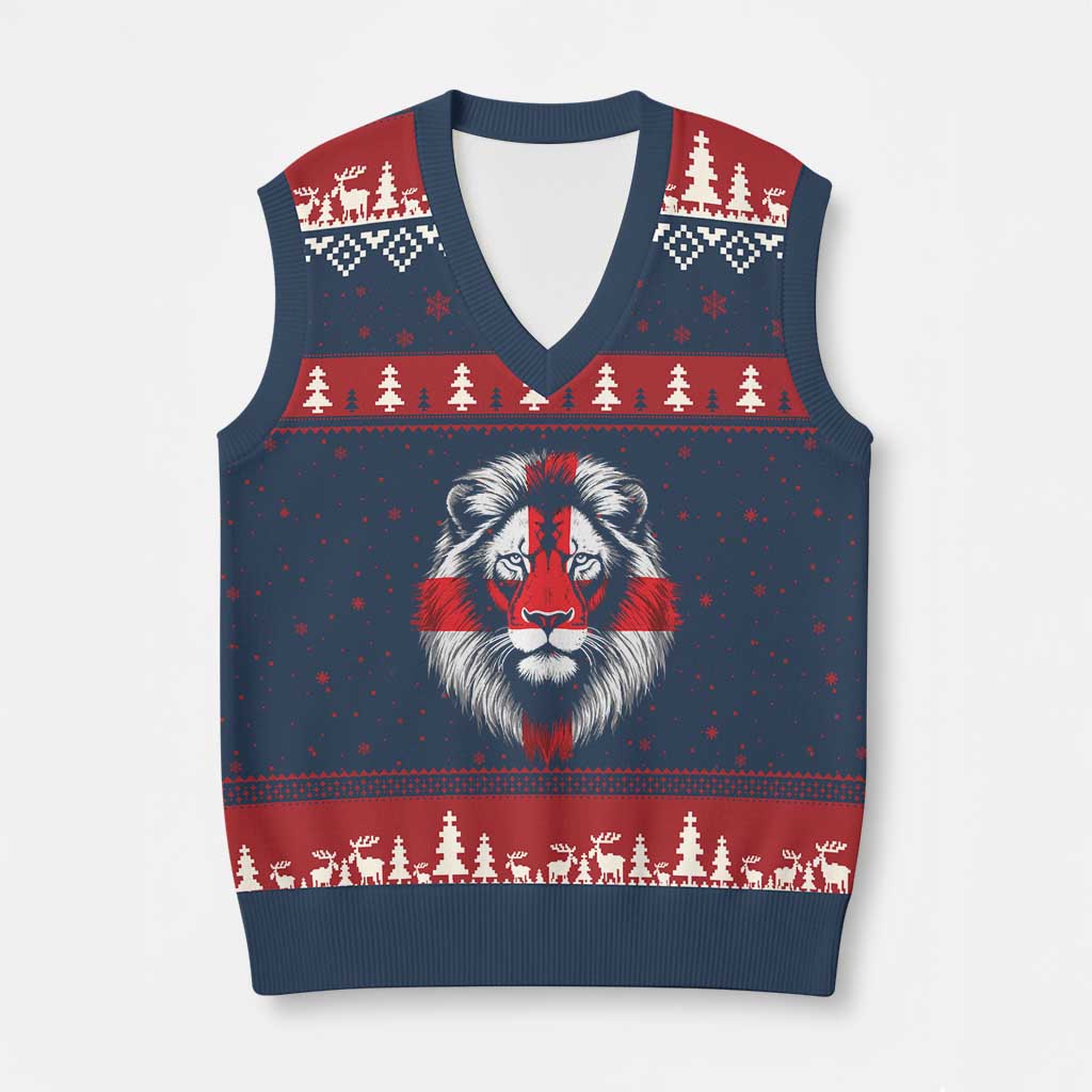 Majestic England Lion Face Graphic V-Neck Knit Sweater Vest Patriotic St. Georges Cross British Pride Heritage
