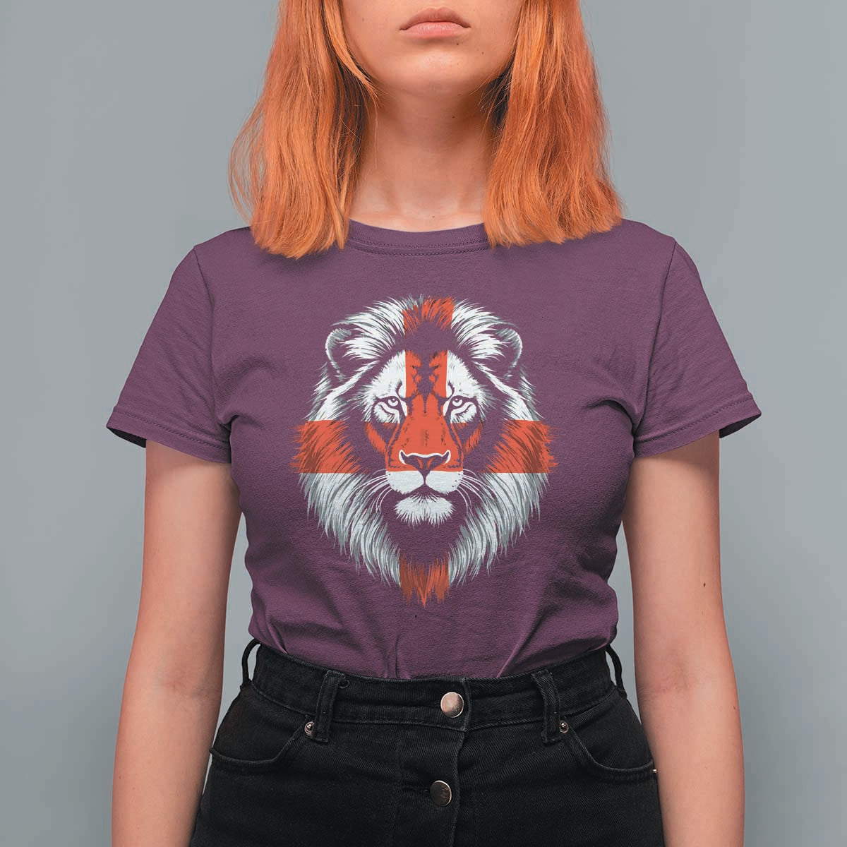 Majestic England Lion Face Graphic T Shirt For Women Patriotic St. Georges Cross British Pride Heritage
