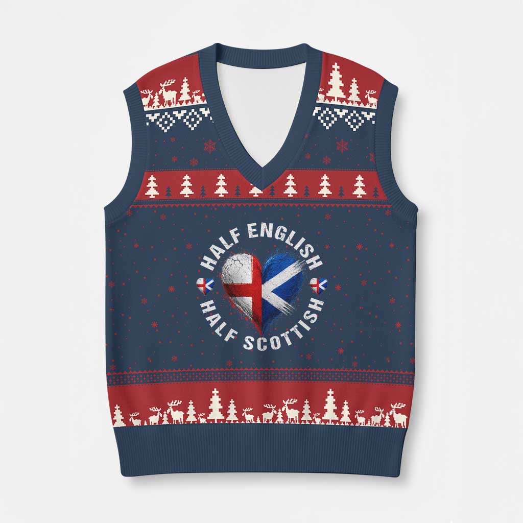 Half English Half Scottish Heritage V-Neck Knit Sweater Vest Heart St Georges Cross and Saltire Pride