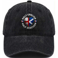 Half English Half Scottish Heritage Washed Cotton Baseball Cap Heart St Georges Cross and Saltire Pride