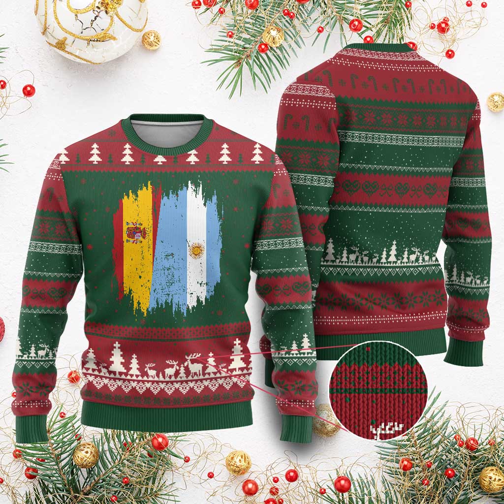 Argentina Spain Dual Heritage Flag Graphic Ugly Christmas Sweater Vintage Spanish Argetine Match Day Pride