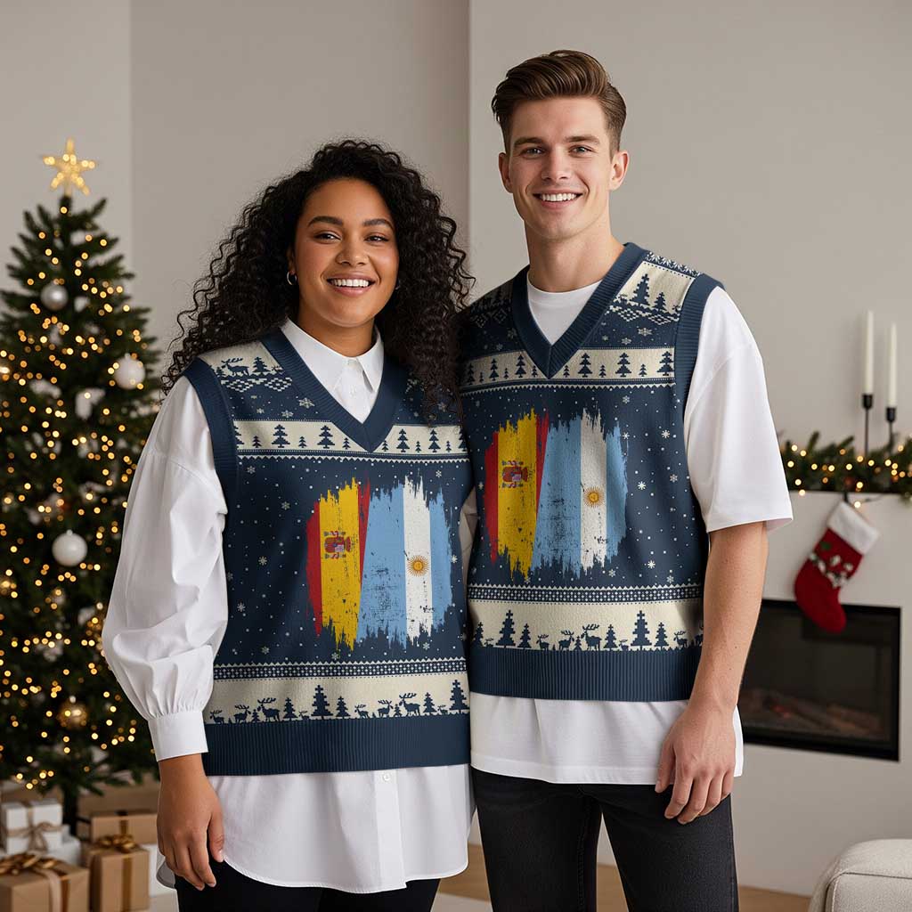 Argentina Spain Dual Heritage Flag Graphic V-Neck Knit Sweater Vest Vintage Spanish Argetine Match Day Pride