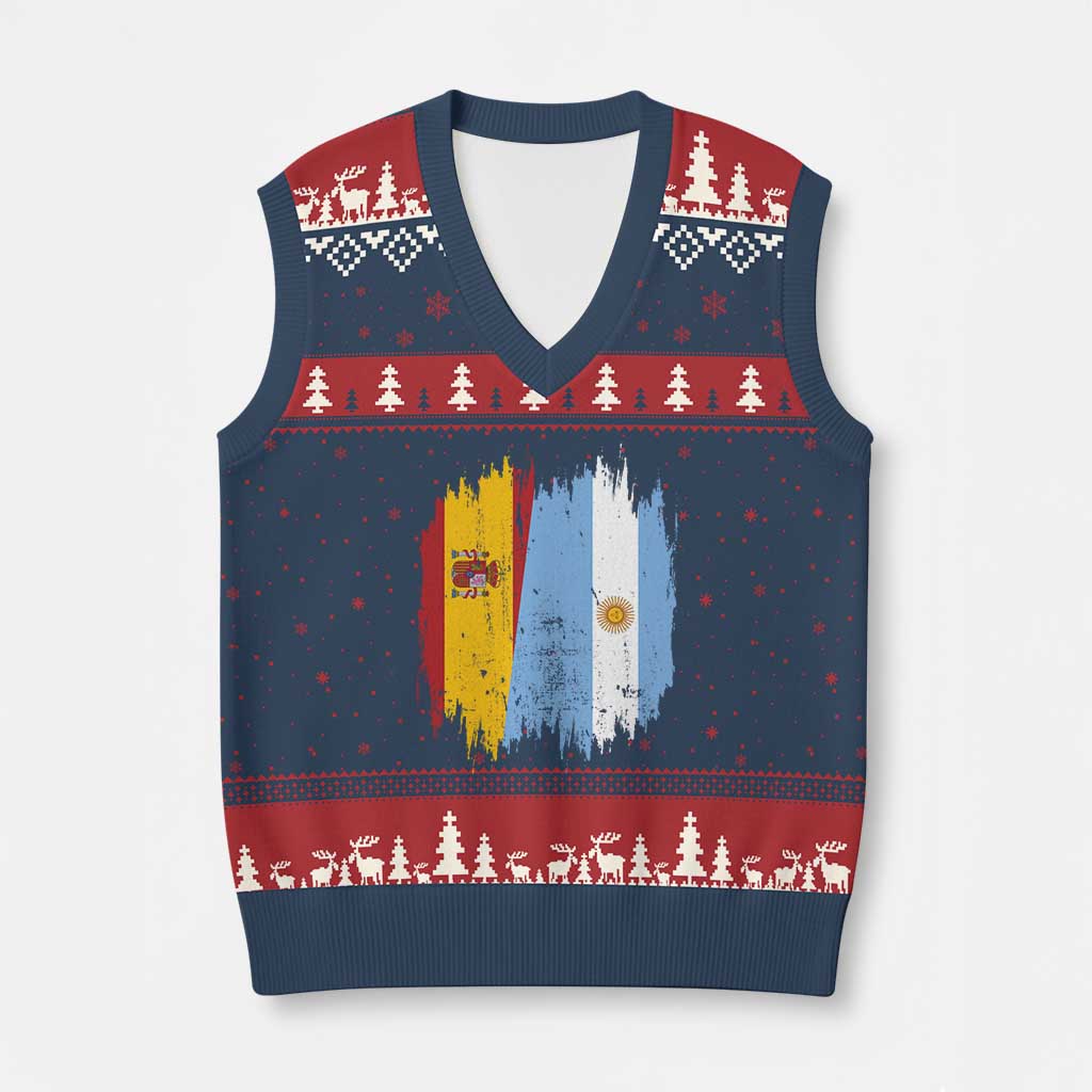 Argentina Spain Dual Heritage Flag Graphic V-Neck Knit Sweater Vest Vintage Spanish Argetine Match Day Pride