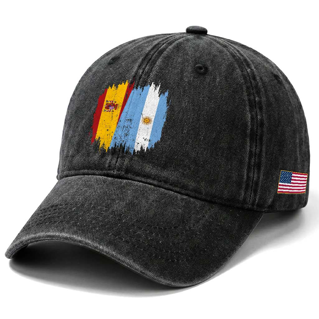 Argentina Spain Dual Heritage Flag Graphic Washed Cotton Baseball Cap Vintage Spanish Argetine Match Day Pride