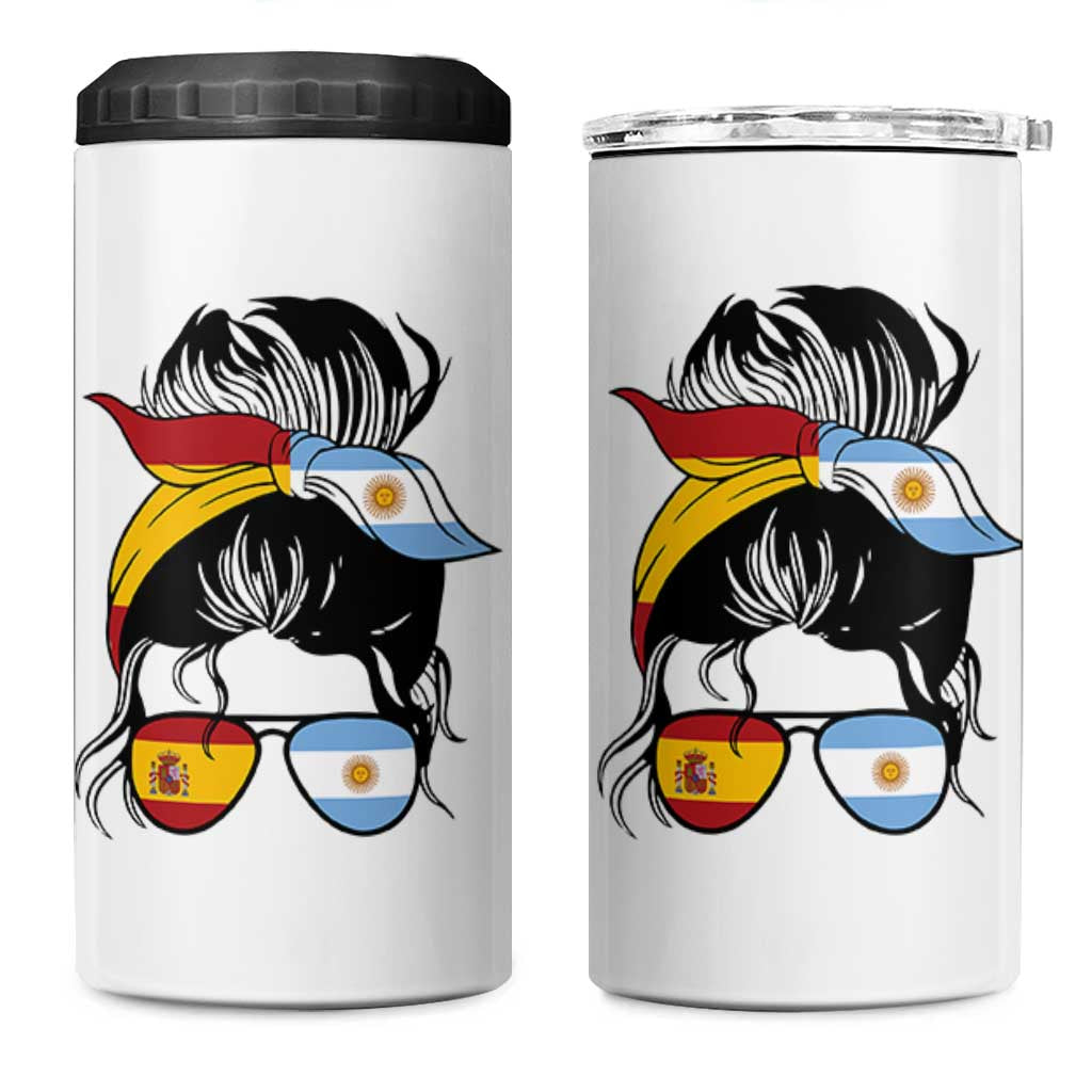 Argentina Spain Flag Messy Bun Girl Graphic 4 in 1 Can Cooler Tumbler Cool Latina Argentine Spanish Pride Match Day