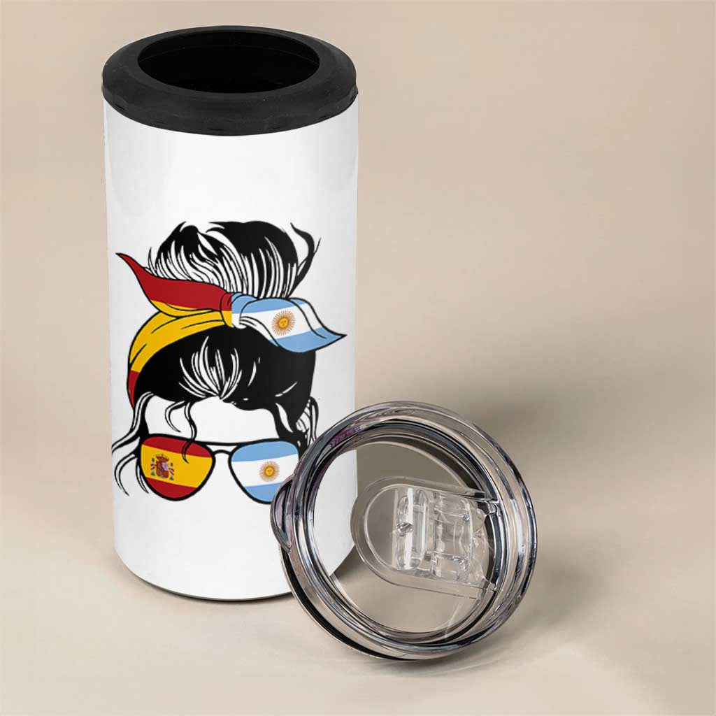 Argentina Spain Flag Messy Bun Girl Graphic 4 in 1 Can Cooler Tumbler Cool Latina Argentine Spanish Pride Match Day