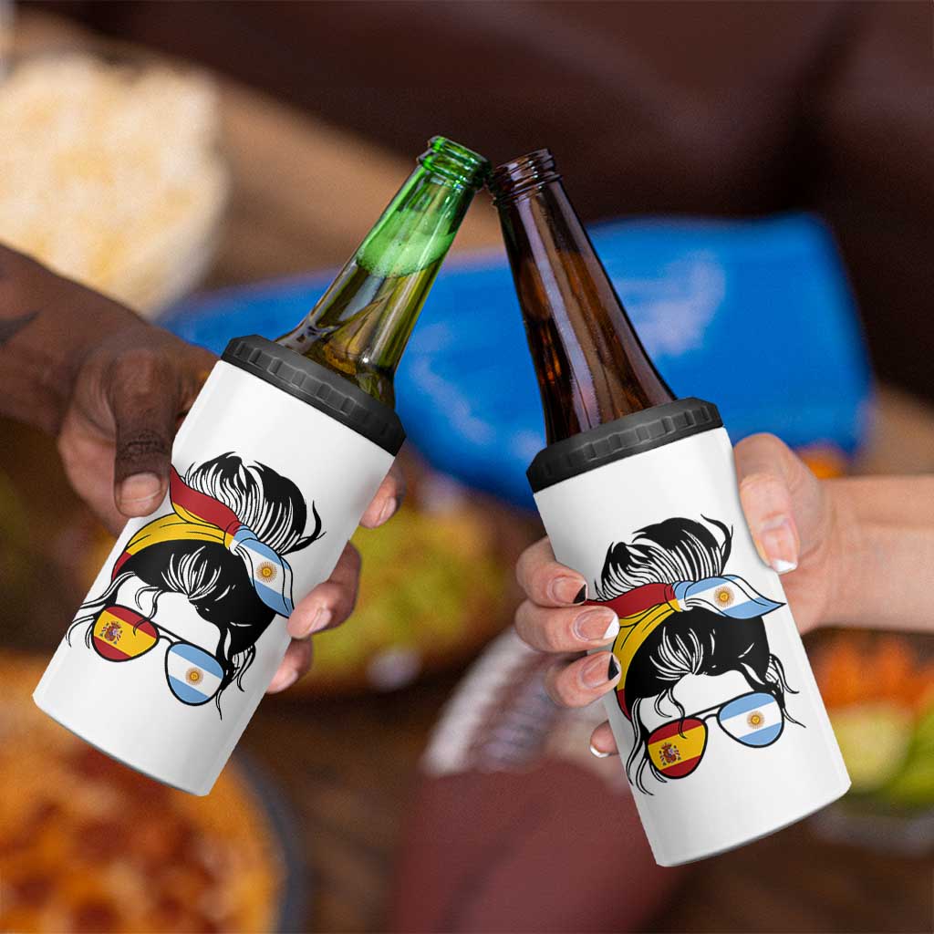 Argentina Spain Flag Messy Bun Girl Graphic 4 in 1 Can Cooler Tumbler Cool Latina Argentine Spanish Pride Match Day