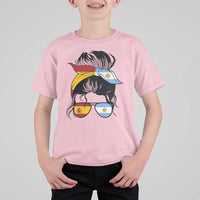 Argentina Spain Flag Messy Bun Girl Graphic T Shirt For Kid Cool Latina Argentine Spanish Pride Match Day