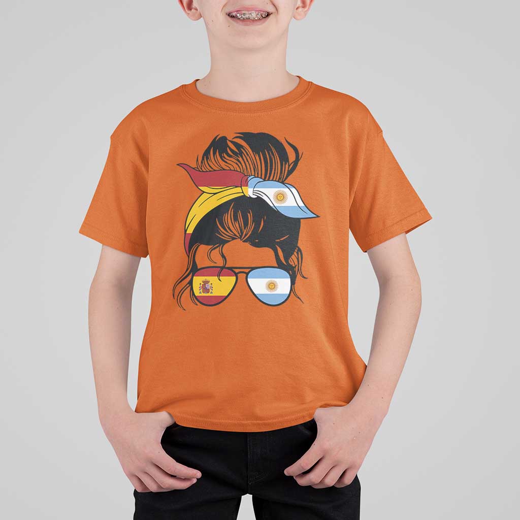 Argentina Spain Flag Messy Bun Girl Graphic T Shirt For Kid Cool Latina Argentine Spanish Pride Match Day