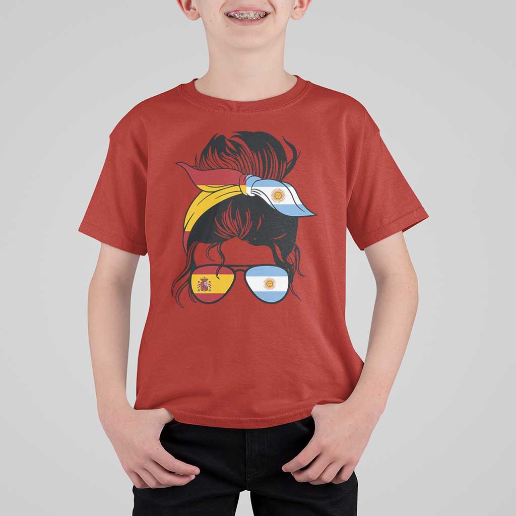 Argentina Spain Flag Messy Bun Girl Graphic T Shirt For Kid Cool Latina Argentine Spanish Pride Match Day