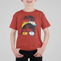 Argentina Spain Flag Messy Bun Girl Graphic T Shirt For Kid Cool Latina Argentine Spanish Pride Match Day