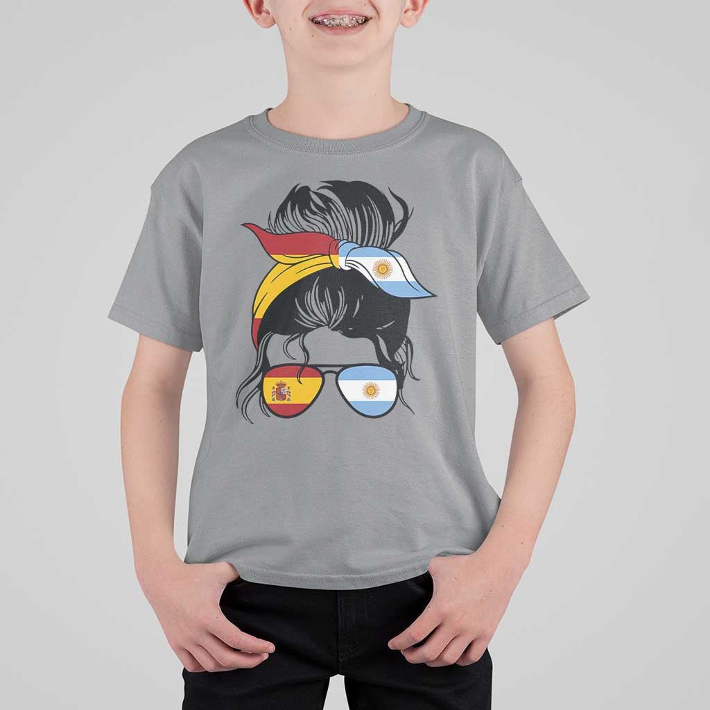 Argentina Spain Flag Messy Bun Girl Graphic T Shirt For Kid Cool Latina Argentine Spanish Pride Match Day