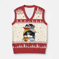 Argentina Spain Flag Messy Bun Girl Graphic V-Neck Knit Sweater Vest Cool Latina Argentine Spanish Pride Match Day