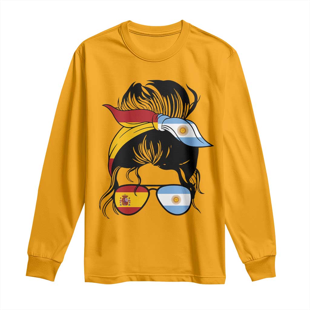 Argentina Spain Flag Messy Bun Girl Graphic Long Sleeve Shirt Cool Latina Argentine Spanish Pride Match Day