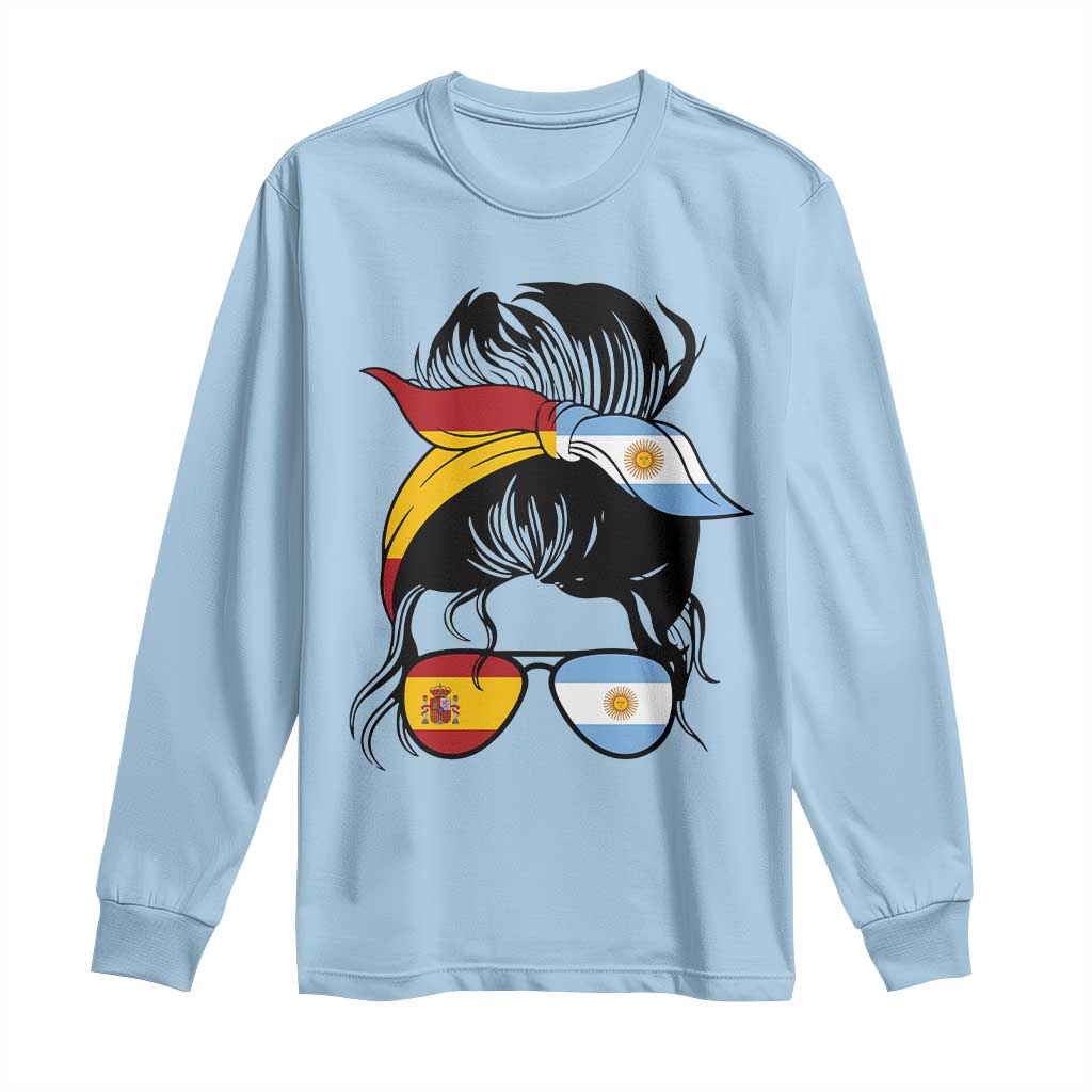 Argentina Spain Flag Messy Bun Girl Graphic Long Sleeve Shirt Cool Latina Argentine Spanish Pride Match Day
