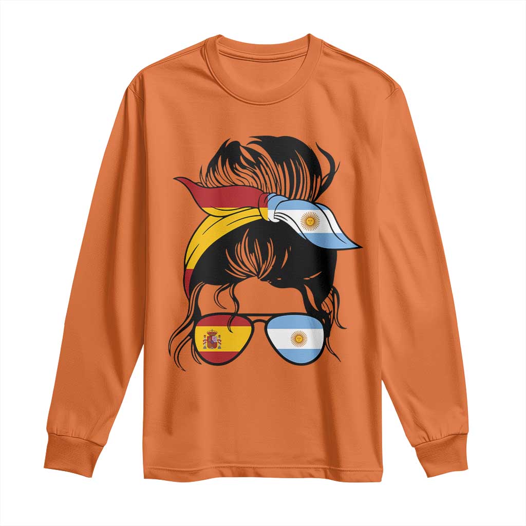 Argentina Spain Flag Messy Bun Girl Graphic Long Sleeve Shirt Cool Latina Argentine Spanish Pride Match Day