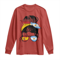 Argentina Spain Flag Messy Bun Girl Graphic Long Sleeve Shirt Cool Latina Argentine Spanish Pride Match Day