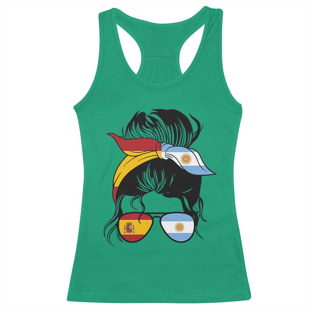 Argentina Spain Flag Messy Bun Girl Graphic Racerback Tank Top Cool Latina Argentine Spanish Pride Match Day