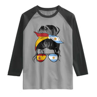Argentina Spain Flag Messy Bun Girl Graphic Raglan Shirt Cool Latina Argentine Spanish Pride Match Day