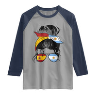 Argentina Spain Flag Messy Bun Girl Graphic Raglan Shirt Cool Latina Argentine Spanish Pride Match Day