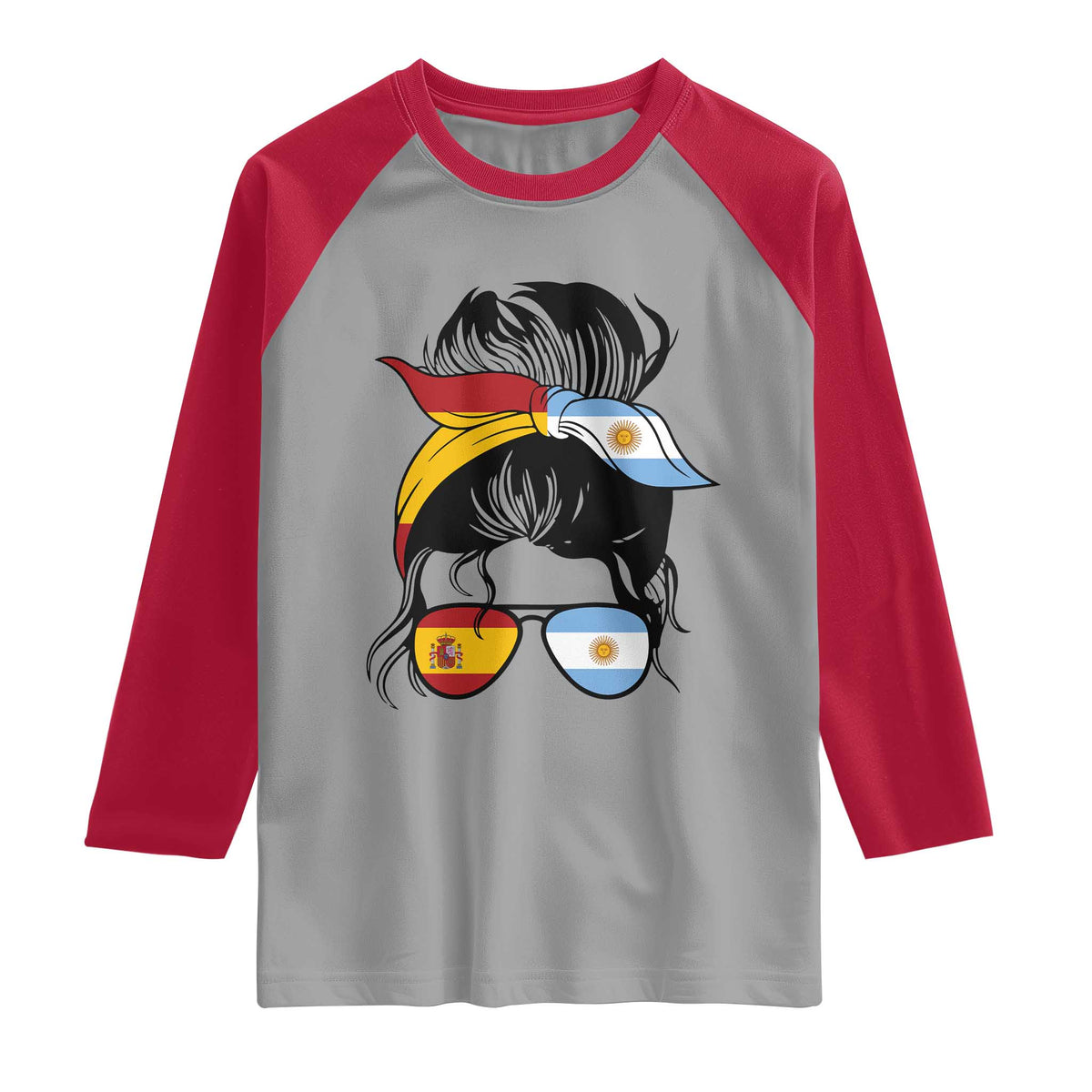 Argentina Spain Flag Messy Bun Girl Graphic Raglan Shirt Cool Latina Argentine Spanish Pride Match Day