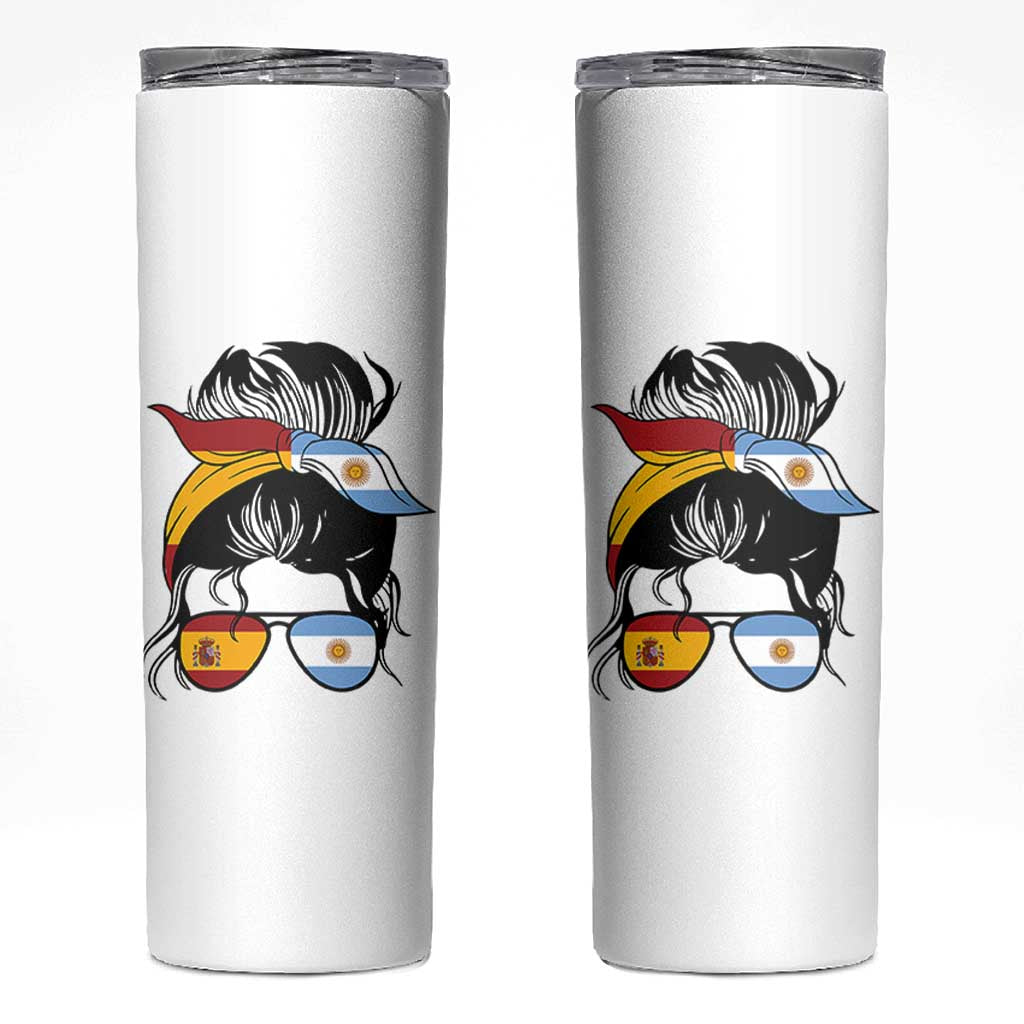 Argentina Spain Flag Messy Bun Girl Graphic Skinny Tumbler Cool Latina Argentine Spanish Pride Match Day