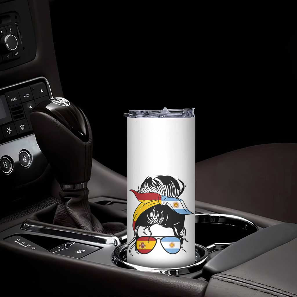 Argentina Spain Flag Messy Bun Girl Graphic Skinny Tumbler Cool Latina Argentine Spanish Pride Match Day
