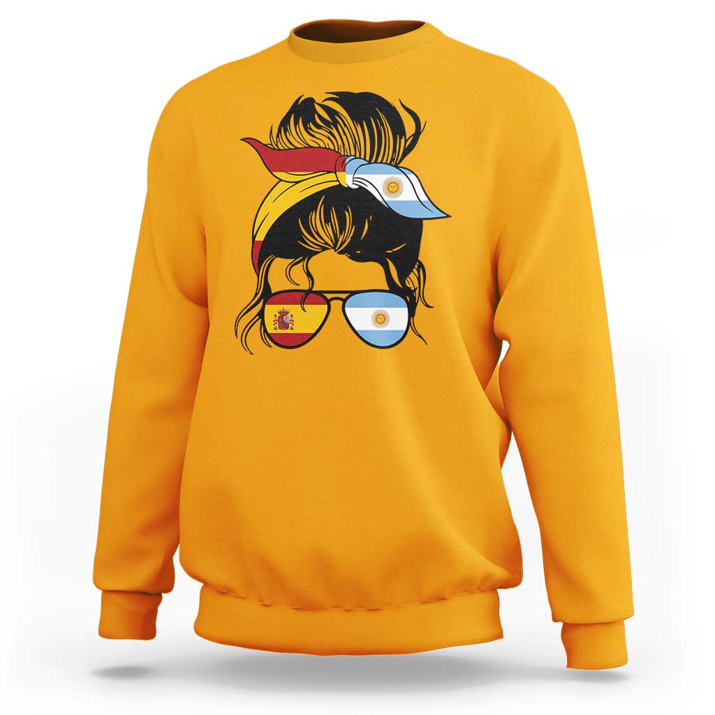 Argentina Spain Flag Messy Bun Girl Graphic Sweatshirt Cool Latina Argentine Spanish Pride Match Day